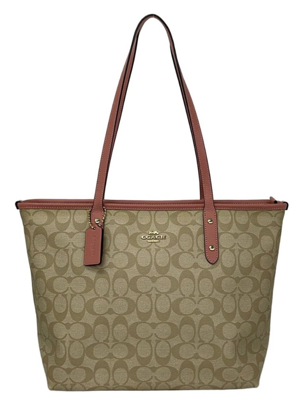 COACH Signature City Zip Tote Bag F58292 Khaki Pink PVC Leather Tote Bag